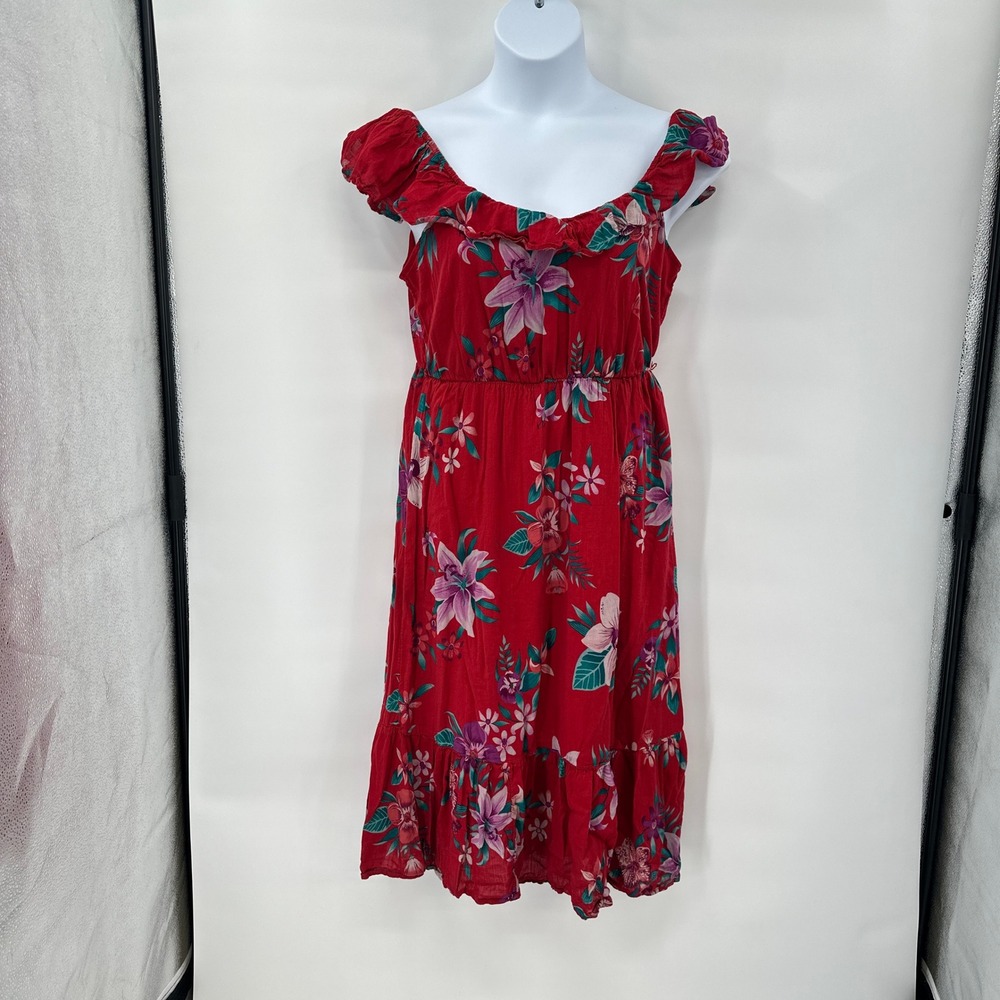Boho Floral Sundress Medium Red Ruffle Strap Indie Cottagecore Dress